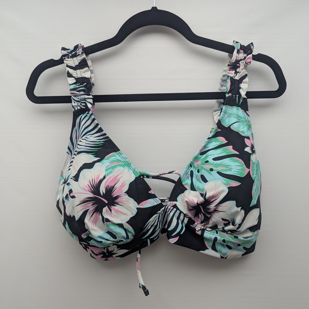 Decree Bikini Top Black Floral Tropical Ruffle Strap Lace Up 1X